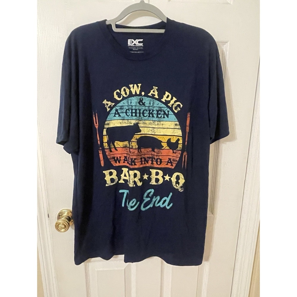 A Cow, A Pig, & A Chicken....Bar-B-Q The End Adult XL Navy Short Sleeve Tee